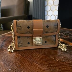 MCM Tan and Brown Crossbody Bag with Gold Chain